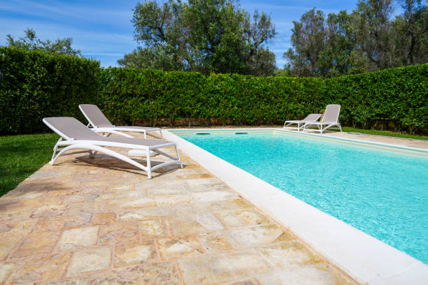 istock Poolside relaxation lounge chairs and privacy hedge 2163661294