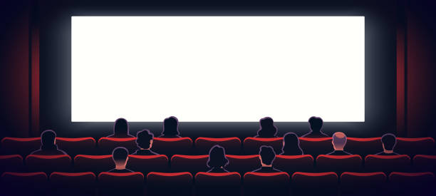 istock People sitting in cinema hall with white blank screen. View from back. Rows of seats, red cinema chairs. Theater empty scene. Movie theatre. Flat style cartoon design. Vector eps10 illustration. 2163661382