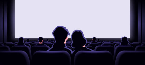 istock Couple in love sitting in cinema hall with blank screen. View from back. Rows of seats, red cinema chairs. Theater empty scene. Movie theatre. Flat style cartoon design. Vector eps10 illustration. 2163661410