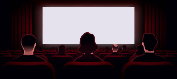 istock People sitting in cinema hall with white blank screen. View from back. Rows of seats, red cinema chairs. Theater empty scene. Movie theatre. Flat style cartoon design. Vector eps10 illustration. 2163661462