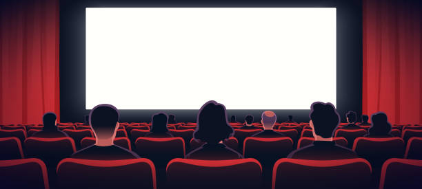 istock People sitting in cinema hall with white blank screen. View from back. Rows of seats, red cinema chairs. Theater empty scene. Movie theatre. Flat style cartoon design. Vector eps10 illustration. 2163661517