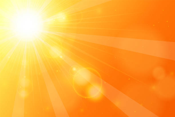 Summer heat wave warning background. Abstract orange sun background Hot weather background. Abstract orange sun background. Summer heat warning background. Sunrise, sunset orange baclground with realistic sun lens flare uv light stock illustrations