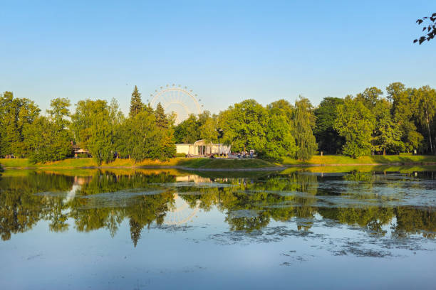 Ferris wheel and reflections of trees in a pond. Landscape trees near the water in the Ostankino Park in Moscow. Summer pond with a white cafe on the shore and a reflection in the water.