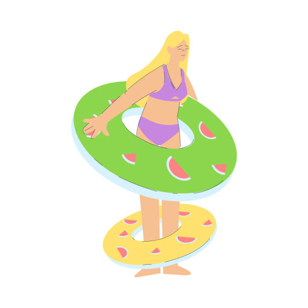 istock Vacation with Woman Character in Swimsuit Standing with Rubber Ring Enjoying Seaside Rest Vector Illustration 2163663781