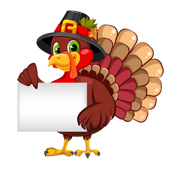 Thanksgiving greeting card with a turkey bird Thanksgiving greeting card with a turkey bird wearing a Pilgrim hat and holding placard. Funny cartoon character for holiday. Vector illustration on white background. pilgrims stock illustrations