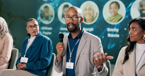 istock Presentation, man or speaking at seminar for information, climate change or sustainability. Male researcher, representative or talking at event for environment care, lecture or conference intro 2163665264