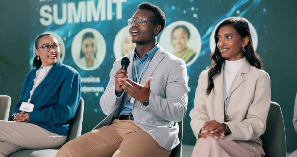 istock Presentation, man or talk at seminar for speech, climate change or sustainability at global summit. Male researcher, representative or diversity at event for environment care, knowledge or conference 2163665270