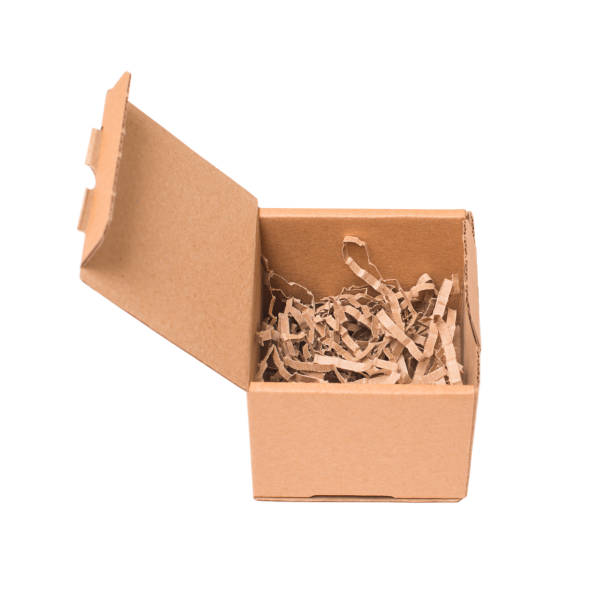 istock Box Mockup. Side view open square cardboard box with paper filling on white background. 2163667279