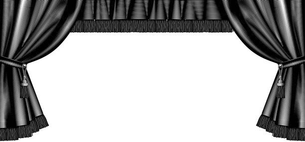 Vintage engraving stylized drawing of classic horizontal curtain frame with tassel and fringe, isolated on white Classic horizontal curtain frame with tassel and fringe, isolated on white. Vintage engraving stylized drawing. Vector illustration classic curtains stock illustrations