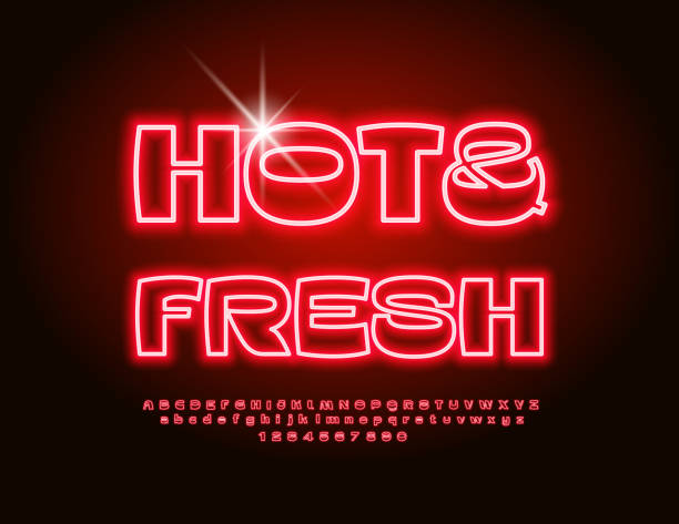 istock Vector Neon Advertisement Hot and Fresh for Market, Store and Cafe. Electric Alphabet Letters and Numbers set 2163671213