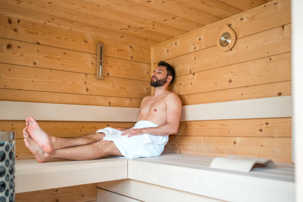 istock Relaxed Hispanic Man in Sauna Session 2163672227