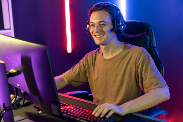 istock Host channel of smart streamer playing online game to be winner. Pecuniary. 2163673996