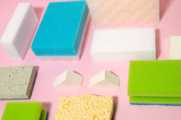 istock Creative arrangement from cleaning sponges on pastel pink background. Creative desinfection idea. 2163675863