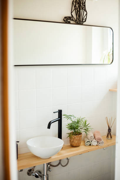 istock Bathroom in black and white. Home decor. Sink, hand towels, diffuser, house flower. Cozy. 2163676114