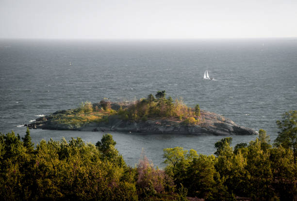 A scene from high viewpoint in the tourist destination Vallisaari Island in the Helsinki archipelago, showing a smaller adjacent rocky island with trees and shrubs, and a distant sailboat, while gray sea fog obfuscates the horizon and turns the sea green and gray despite some sunlight lighting up the late summer treetops. The view is calm and tranquil, but the clearly restless sea and taut sails gives it certain tension nevertheless.