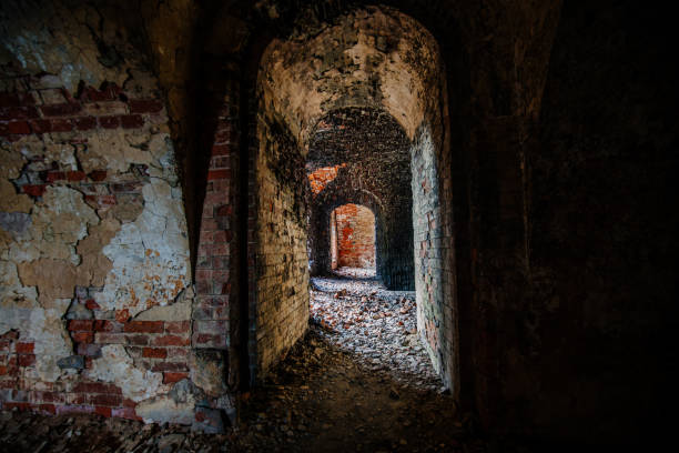 istock Inside old ruined burnt red brick fortress 2163682169