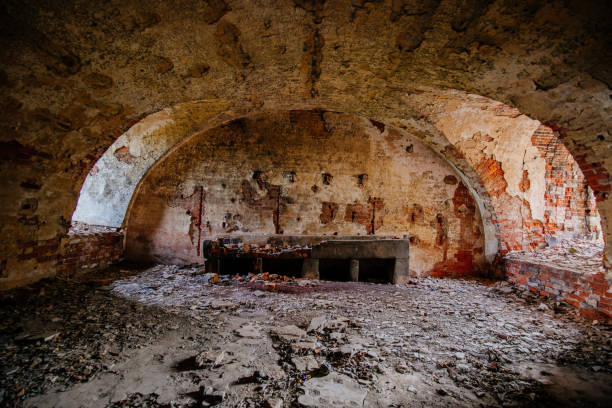 istock Inside old ruined burnt red brick fortress 2163682243