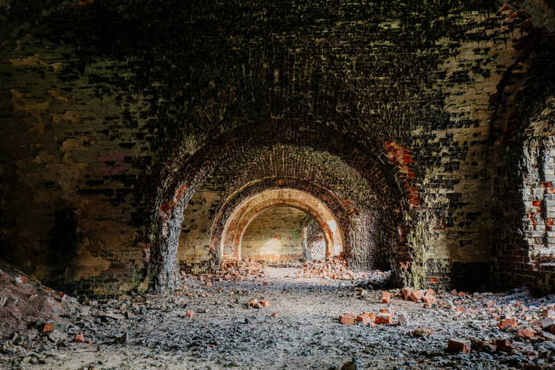 istock Inside old ruined burnt red brick fortress 2163682245