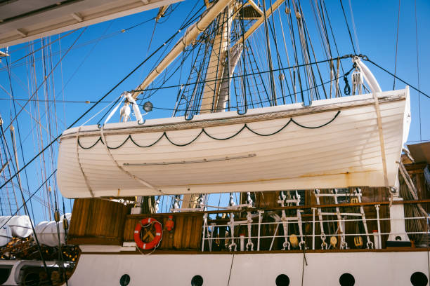 Lifeboat on sailing ship deck, clear blue sky background. Features include portholes and life ring. Ideal for emergency evacuation scenarios. High quality photo