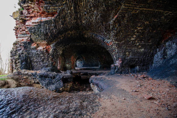 istock Inside old ruined burnt red brick fortress 2163682436