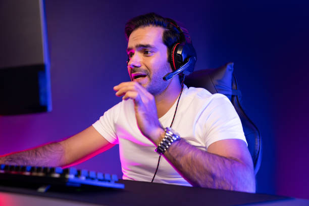 istock Smart streamer talking with team member players using headset and mic. Surmise. 2163688764