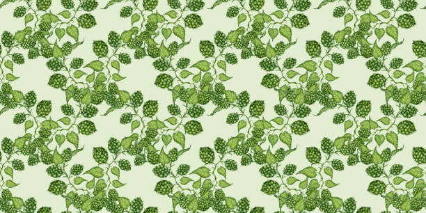 istock Green leaves and hop cones on a gray background watercolor pattern 2163691110
