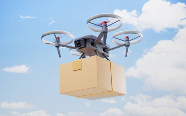 istock Realistic drone carrying the box, 3d rendering. 2163691460