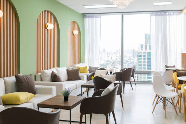 istock Empty stylish and modern office interior with skyscrapers view. Ornamented. 2163693028