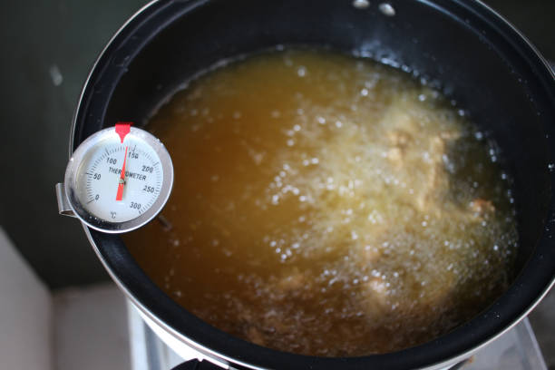 Cooking in kitchen. Process of deep frying breaded crispy chicken in hot oil
