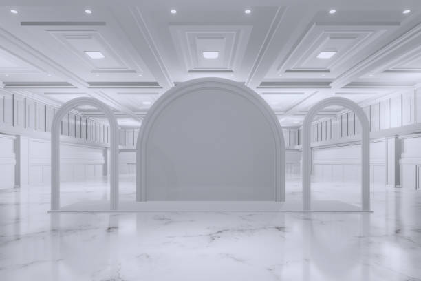 istock Empty Backdrop Design for mockup and Corporate identity,booth,Decoration,Display.Platform elements in convention hall.Blank scene classic for Graphic Resources.3d Background for online.3d render. 2163699615