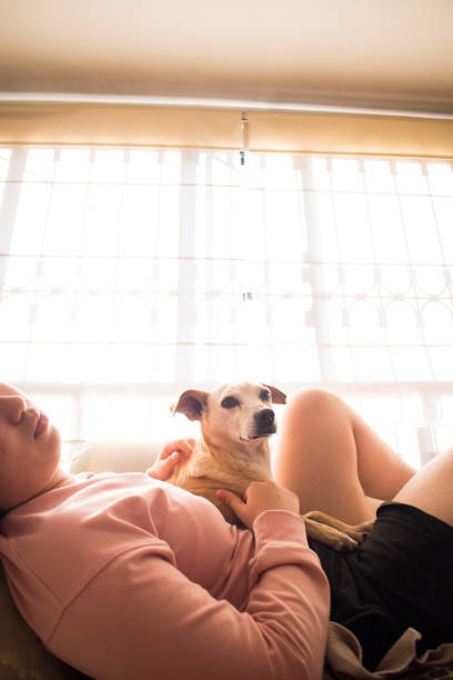 istock Woman lying down with pets at home 2163708686