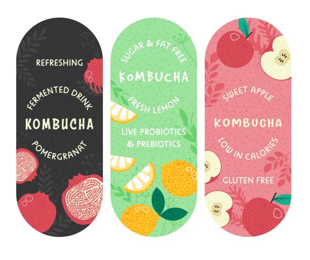 Kombucha stickers or package product design vector Sweet apple, refreshing sugar and fat free kombucha low in calories. Isolated emblems and labels for product design, package stickers with information about drink, summer beverage. Vector in flat kombucha jar stock illustrations