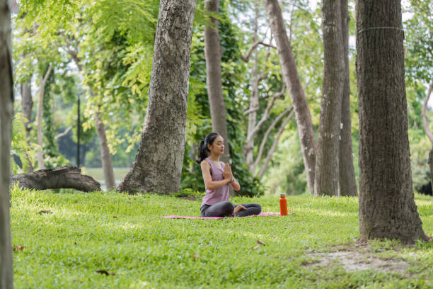 istock Young Woman Practicing Yoga in a Serene Park Setting Surrounded by Lush Greenery and Tall Trees 2163718218