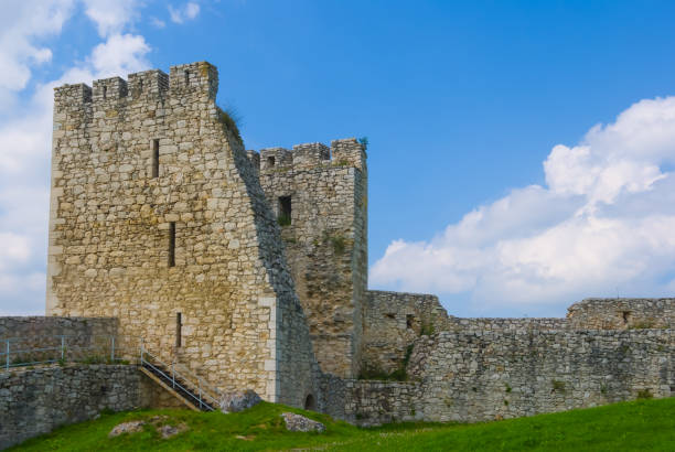istock old medieval ruined castle tower on green hill 2163720293