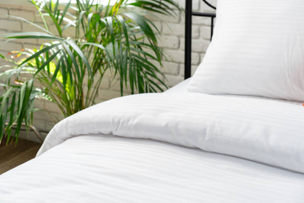istock Striped Pillows on a Bed With Black Metal Headboard 2163723716