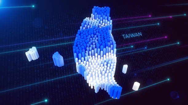 istock 3D Perspective View of Blue and White Dynamic Hexagonal Prism Rippling Taiwan Map and Text with Hud Grid, Dotted Lines, and Light Flare 2163728905