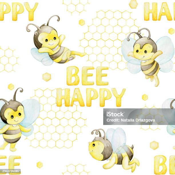 Bees Text/image Cute Bees Text Happy Bees Honeycomb Watercolor Seamless Pattern On An ...