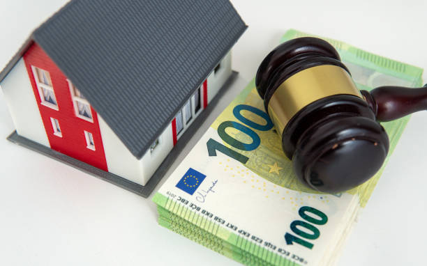 istock Foreclosure Auction: House Model, Money, and Gavel 2163734206