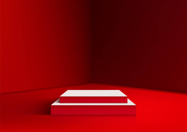 istock Modern 3D Red Room with White Podium for Product Display and Mockup, Sleek and Minimal Style Design for Showroom 2163735382