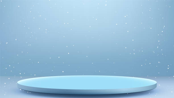 istock Winter Blue 3D Scene with Circular Podium and Falling Snow for Product Display 2163735412