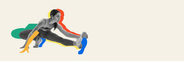 istock Sportive woman, athlete preparing for competition, doing stretching exercises before run. Contemporary art collage. 2163735448