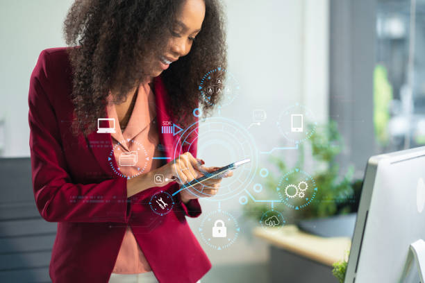 istock Business woman using smartphone, tablet with SDK icon on virtual screen. SDK Software development kit programming language technology concept in office. 2163735617