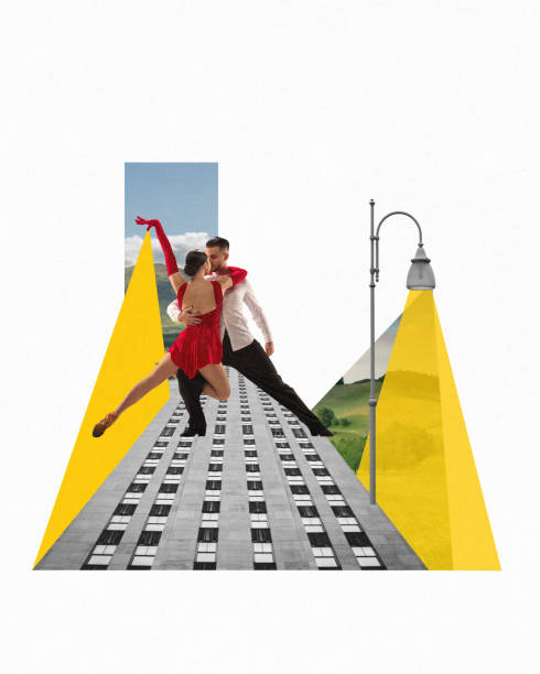 istock Passionate dancer, man and woman in stage costumes performing tango dance with urbane elements, street lights and city buildings. Contemporary art collage. 2163736777