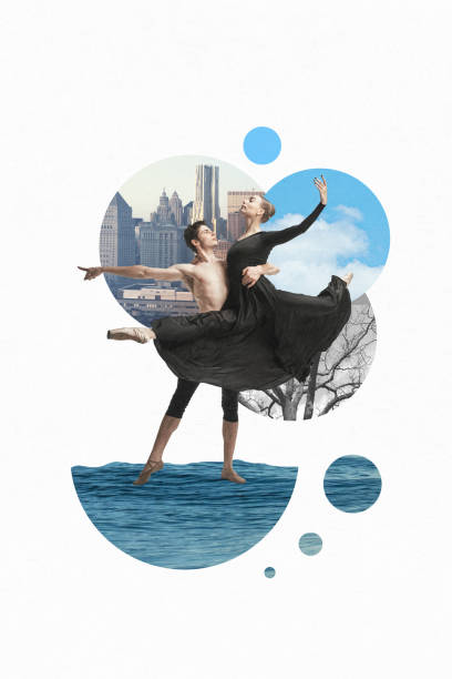 istock Ballet dancers poised elegantly above water, dancing, framed by city skyscrapers and tree, capture the harmony between urban life and nature. Contemporary art collage. 2163736780