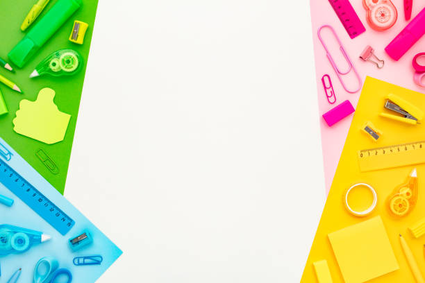 istock Creative flat lay composition with colorful school supplies on white background. Back to school banner design. 2163738427