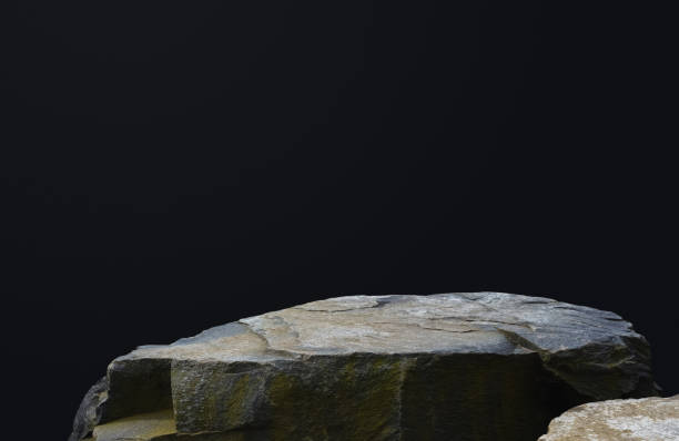 istock Rock Stone Podium with Black Background,Interior Studio Room Concrete Wall with light,Shadow on Rock cliff Display stage,Minimal template mockup for Jewelry Stand Product Present,Fashion branding 2163743927