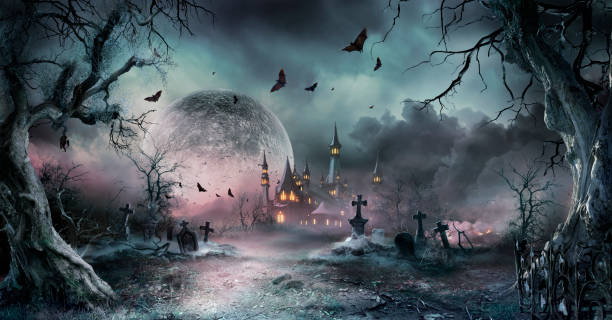 istock Halloween Scene - Graveyard At Moonlight With Dark Trees Castle - Contain Unrecognizable, Deformed And Defocused Church With Reassembled Part 2163749531