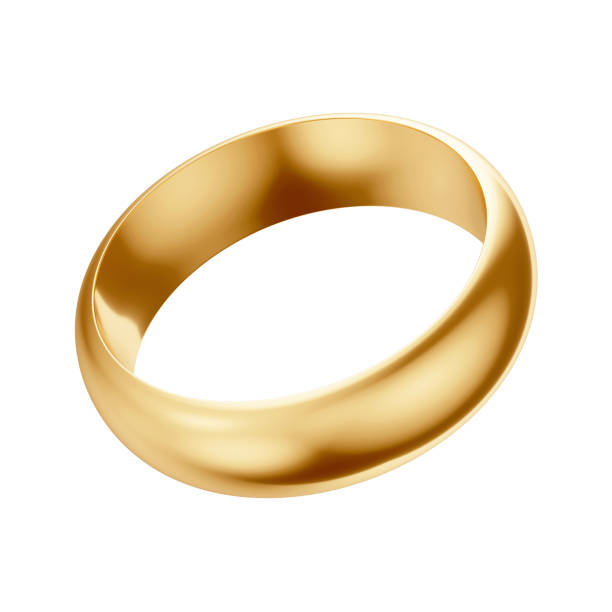 This 3D image features a golden engagement or wedding ring, presented against an isolated white background. Perfect for illustrating concepts related to marriage, commitment, and celebrations, this detailed rendering is ideal for use in marketing materials, wedding invitations, jewelry promotions, and romantic-themed projects. The isolated white background ensures easy integration into various design projects, highlighting the elegant and timeless design of the golden ring.