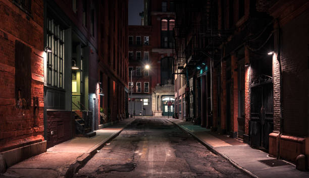 Illuminated Street Amidst Buildings At Night Photo taken in New York City, United States alley stock pictures, royalty-free photos & images