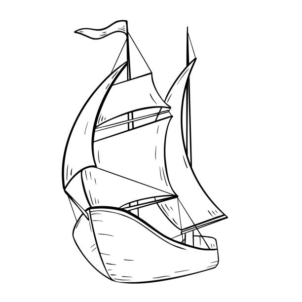 istock Sailing boat black and white vector illustration isolated. Sailing ship hand drawn ink silhouette. Masted vintage sailboat contour. Sea transport coloring. Simple cartoon drawing boat outline 2163759794